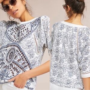 Anthropology Maeve ester eyelet Women's White and Blue Patterned Top